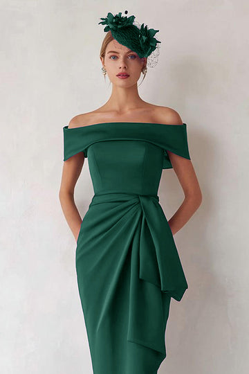 Off the Shoulder Dark Green Sheath Ruched Long Mother of the Bride Dress